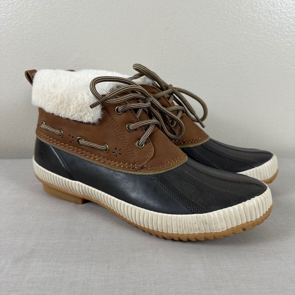 JSport Women's 8 Mary Duck Boot Brown Black Waterproof Faux Fur Cottagecore
